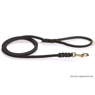 Fettlederleine 1,35m x 10mm schwarz mit Handschlaufe + Ring, Messing Haken