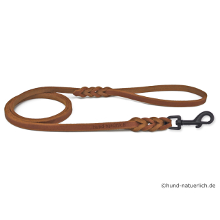 Fettlederleine 1,35m x 15mm cognac mit Handschlaufe, Haken schwarz matt